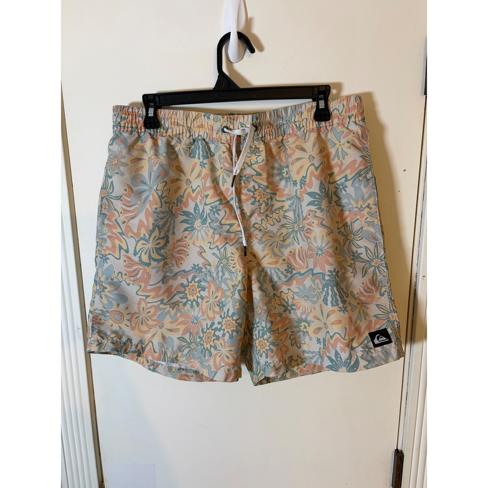 Quiksilver Mens Floral Board Shorts Retro Psychedelic Swim Trunks Peach Teal